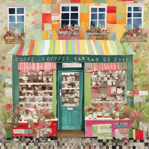 Prompt: a trash polka painting shows a coffee garage sale shop , in the style of lucy grossmith and victoria ball, colorful patchwork, chic illustrations, bright spring colors, floralpunk, windows vista, use of fabric 