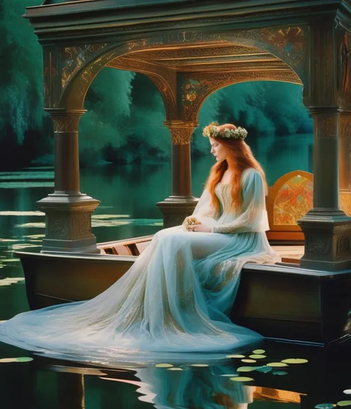 Prompt: Experiment with "pre-Raphaelite painting style" to create wireframe holograms of the characters from Alfred Lord Tennyson's "The Lady of Shalott," capturing the romantic and tragic essence of this medieval grunge poem, photography by WLOP, SLim aarons