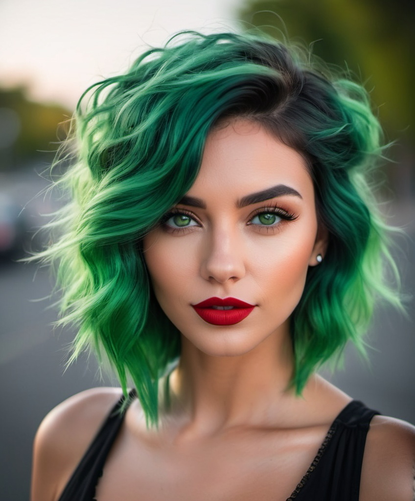 Prompt: Selfpotrait photo of an instagram model, ombre green hair, green eyes of incredible depth, red lips, sensual photo model female portrait, slight smile, serene, head thrown back, hair ruffled by wind, eyes looking into camera, very realistic, highly detailed