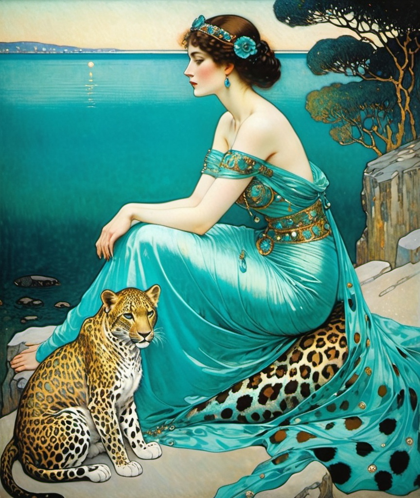 Prompt: lithograph crystal sea by gustav klimt, very beautiful woman sitting with fully body pet leopard, in the style of turquoise and bronze, luminous palette, embroidery art, isaac levitan, glittery and shiny 