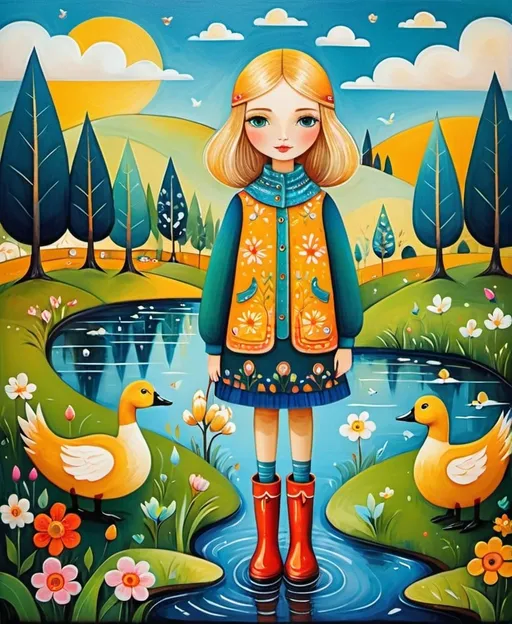 Prompt: naive art style, Anna Silivonchik art, tetyana erhart art, Evgenia Gapchinska art, a pretty cute girl and a goose wearing colour rubber boots