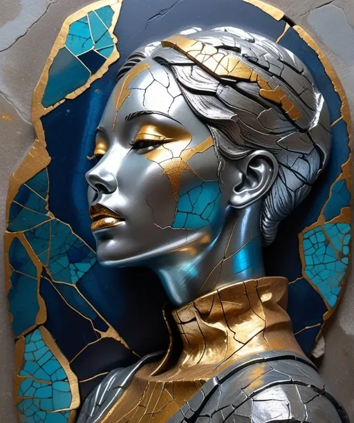 Prompt: a highly detailed abstract woman in silver blue patina metal with beautiful vibrant colors, elements of kintsugi, the background is stone textured and there's a small  glow on top of it, there are some cracks in metal that have been filled with acrylic paint, the bottom half has golden streaks of light shining through from behind