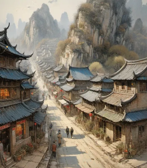 Prompt: The beautiful village style of Albert Goodwin and Wu Guanzhong. Extremely detailed, intricate, beautiful, 3d