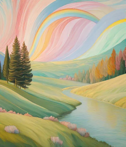 Prompt: Botticelli's post-impressionist take on Bifrost shows it as an ethereal, flowing ribbon across a Renaissance-inspired landscape. The soft brushstrokes and pastel colors create a sense of harmony and grace. This artwork is a blend of classical beauty and mythical wonder. Botticelli's Bifrost is an elegant testament to timeless legends.