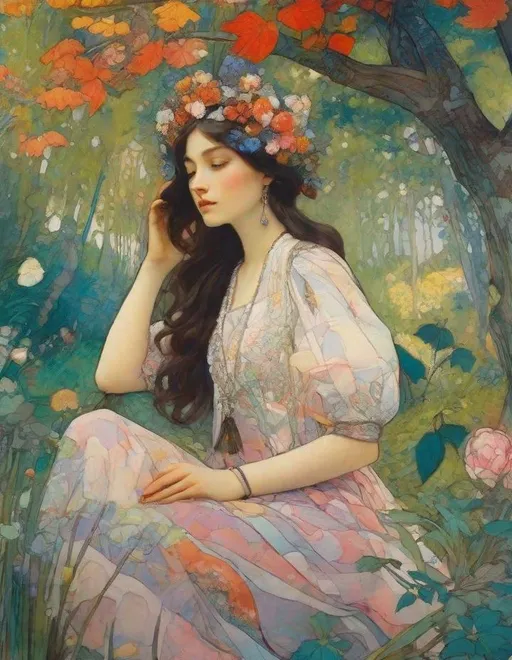 Prompt: Lovely pretty beautiful young lady, beautiful face, in a magical whimsical colorful forest in bloom Illustration art by Ferdinand Hodler, Romulo Royo, Yulia Brodskaya, Edward Julius Detmold, Paolo Roversi, Thomas Edwin Mostyn, Hiro isono, James Wilson Morrice, Axel Scheffler, Gerhard Richter, pol Ledent, Robert Ryman. Guache Impasto and volumetric lighting. Mixed media, elegant, intricate, beautiful, award winning, fantastic view, 4K 3D, high definition, hdr, focused, iridescent watercolor and ink