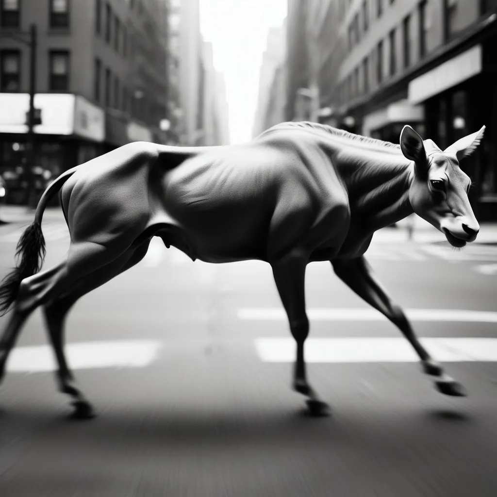 Prompt: black and white blurple photography f/2.0 lens, in the style of motion animalier, albert watson, surrealist, new york city subject matter, charcoal, ethereal urban scenes, punkcore, fawncore, soft-focus 