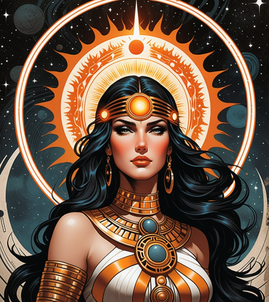 Prompt: metallichead's art print of the heliocentric sun face goddess of destruction, in the style of becky cloonan, in the style of samson pollem, in the style of john buscema, comic art, grotesque beauty, gritty horror comics, womancore, nightmarish imagery, in the style of detailed character illustrations 