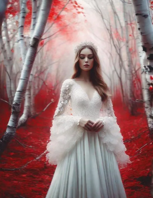 Prompt: A beautiful young lady, beautiful face, in a ghostly forest of white trees with red leaves art by  Rebeca Saray, Yves Saint-Laurent, Paolo Roversi, Thomas Edwin Mostyn, Hiro isono, James Wilson Morrice, Axel Scheffler, Gerhard Richter, pol Ledent, Robert Ryman. Guache Impasto and volumetric lighting. Mixed media, elegant, intricate, beautiful, award winning, fantastic view, 4K 3D, high definition, hdr, focused, iridescent watercolor and ink
