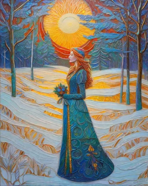 Prompt: A very beautiful lady, fawncore, winter sunrise, praise the sun, textured painting, impasto, fauvist, magical realism style, art by  Emily Balivet, Del Kathryn Barton, Elsa Beskow