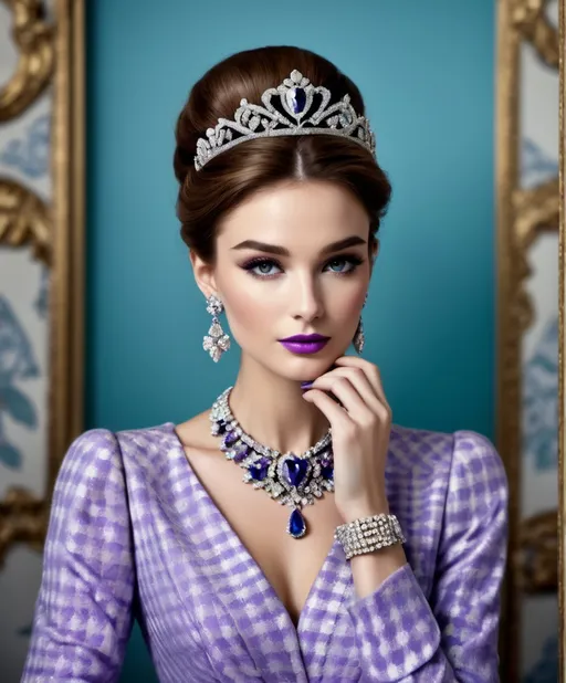 Prompt: breakfast at tiffany's garage sale, elegant, Brittish royal corwns jewelries tiaras plethora, romanza, fine detail, houndstooth, checks, wooly, lavender, ultramarine, titanium, Photography by milo manara, Romina ressia , James CHristensen 