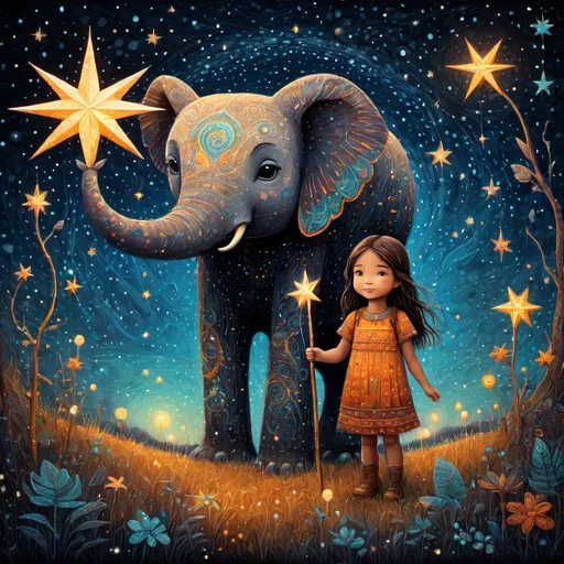 Prompt: The little native American super cute girl holding her star magical wand posing with her cute elephant friend. In style of james r eads and Sam Toft. Naive art, 3d, extremely detailed, intricate cinematic lighting, high definition 