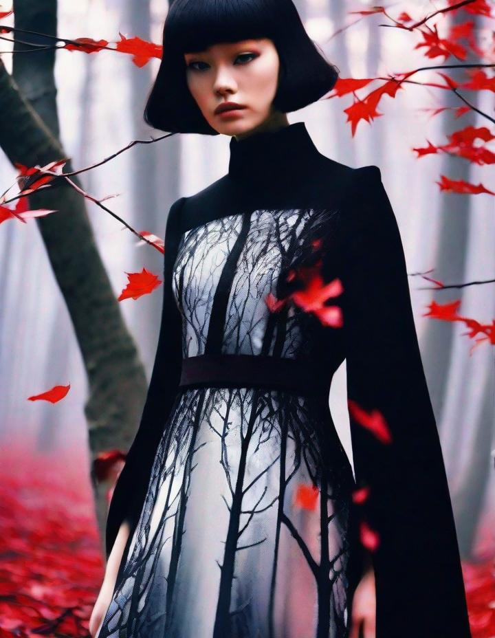 Prompt: A beautiful young lady, beautiful face, wearing opalescent black dress in a ghostly forest of white stem trees with red leaves, god rays through the tees, rim lighting, art by  Masaaki Sasamoto, Mario Sorrenti, Yves Saint-Laurent, Paolo Roversi, Thomas Edwin Mostyn, Hiro isono, James Wilson Morrice, Axel Scheffler, Gerhard Richter, pol Ledent, Robert Ryman. Guache Impasto and volumetric lighting. Mixed media, elegant, intricate, beautiful, award winning, fantastic view, 4K 3D, high definition, hdr, focused, iridescent watercolor and ink