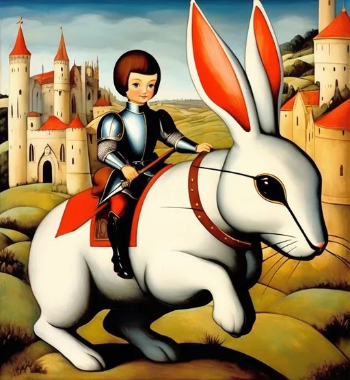 Prompt: big-eyed knight riding a giant rabbit, medieval grunge, kitschy painting by margaret keane 