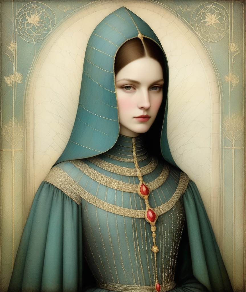 Prompt: beautiful medieval grunge ladies style of Eva Hesse, Liniers, Catrin Welz-Stein