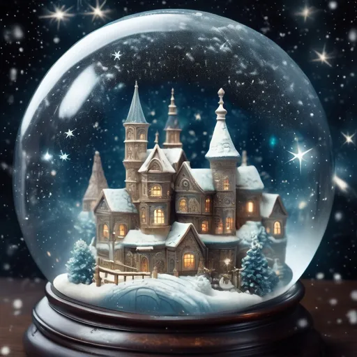 Prompt: a magical ornate and intricate ancient snow globe village scene with asterism above the village like a trapped milky way