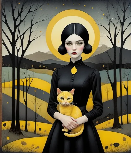 Prompt: Ghastly eccentric young lady wonder, wearing a strange black dress, holding 
creepy  yellow cat, Ruben Ireland, Mindy Sommers, Paolo Uccello, Marc Johns, dreamy landscape background, piercing odd colored eyes, encaustic texture.