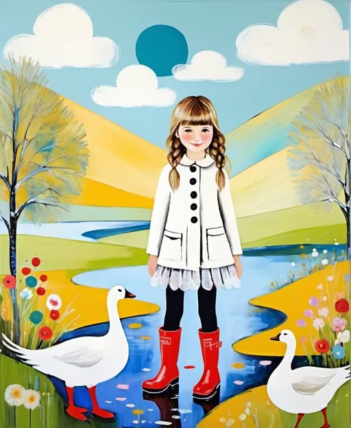 Prompt: art Style By tetyana erhart, Florine Stettheimer, Dina Wakley, Elisabeth Fredriksson, using encaustics Paint, dry painting brush strokes: a pretty cute girl and a goose wearing colour rubber boots in a whimsical landscape 