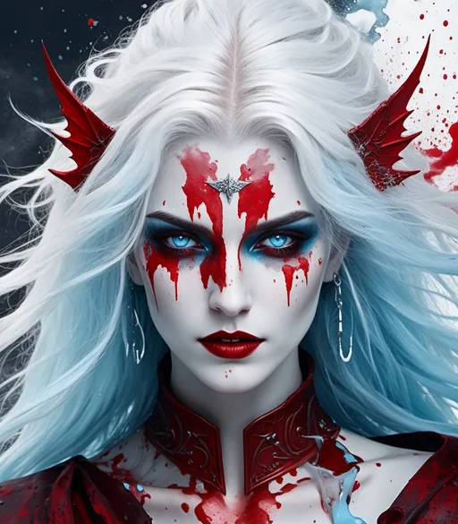 Prompt: medieval grunge vampire goddess, splattered red paint, white wind blown hair, ice blue eyes 