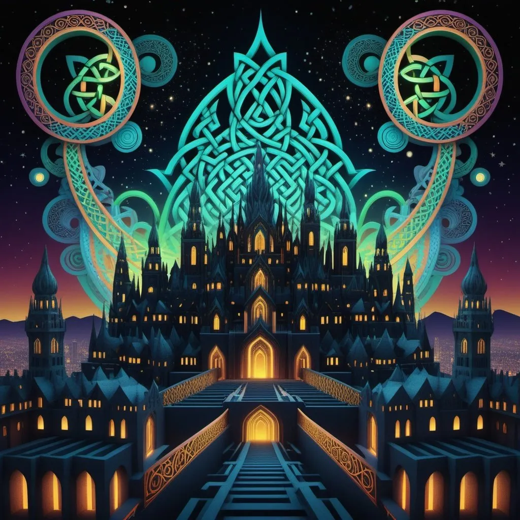 Prompt: An HD illustration showing a skyline at night of a wacky type of phosphorescent architecture, in the style of psychedelic hyper-detailed geometrical and colorful creations, rendered in cinema4d, based on the design of Celtic knotwork, naoto hattori, expressive and whimsical elaborate constructions glowing against a dark sinister background