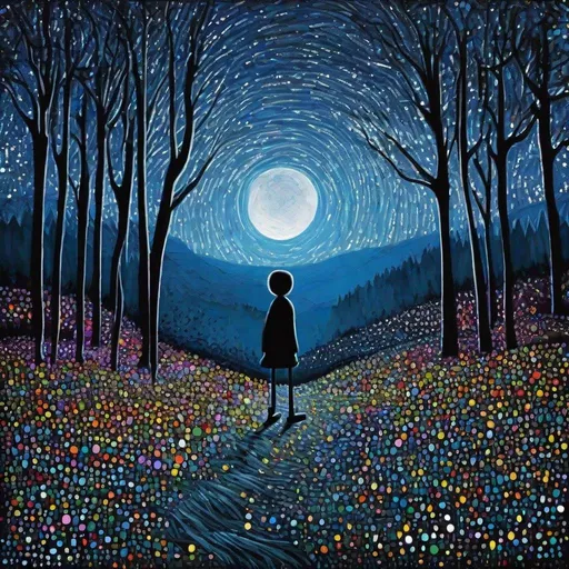 Prompt: Style By Don Hertzfeldt: a magical night, a Boy stick figure under the moonlight, a field of trees, visual stunning sensations, naive art, impasto, 