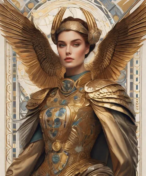 Prompt: fashion photoshoot, with heliocentric flying wings and horned owl, in the style of renaissance perspective and anatomy, kubisi art, biblical iconography, imagery, celestialpunk, frank xavier leyendecker, golden ratio, hd 