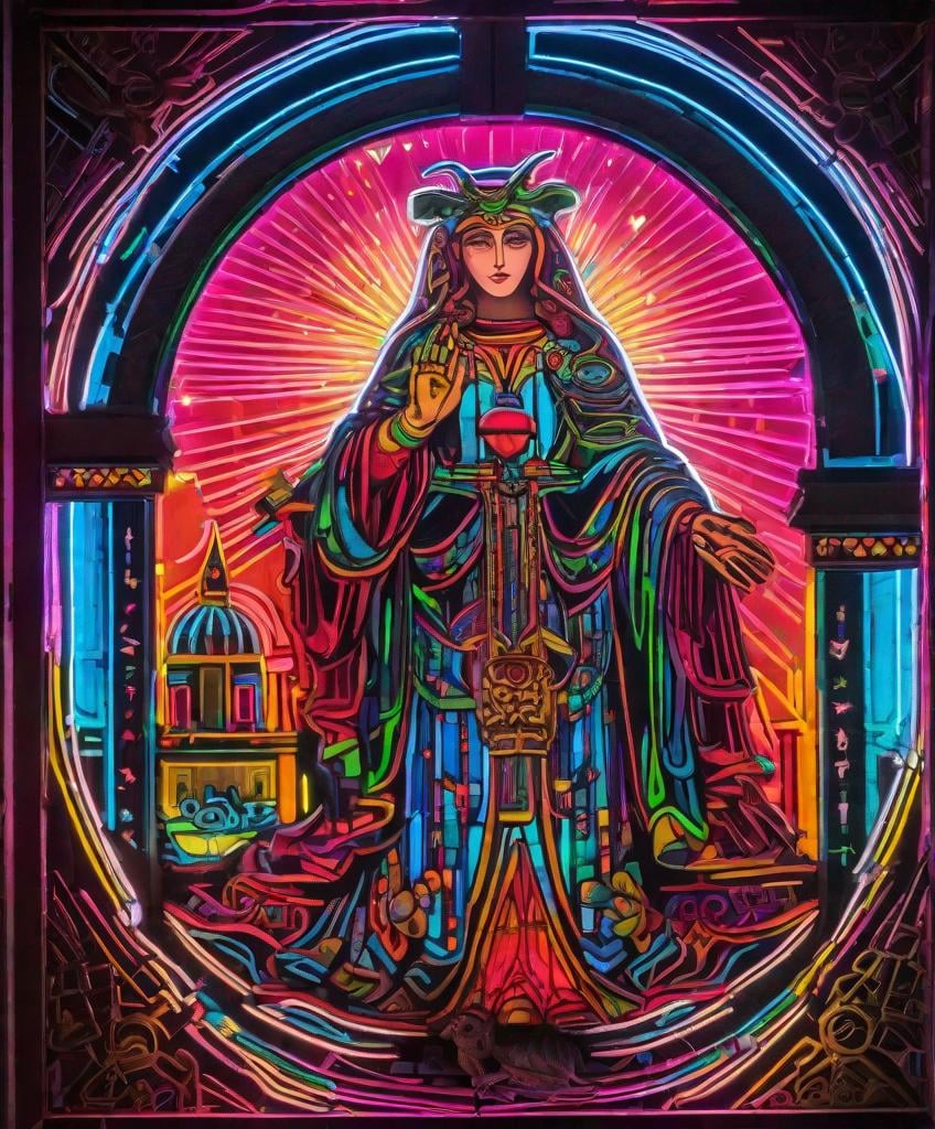 Prompt: neon madonna with an outstretched arm. a horned owl is perched on her hand