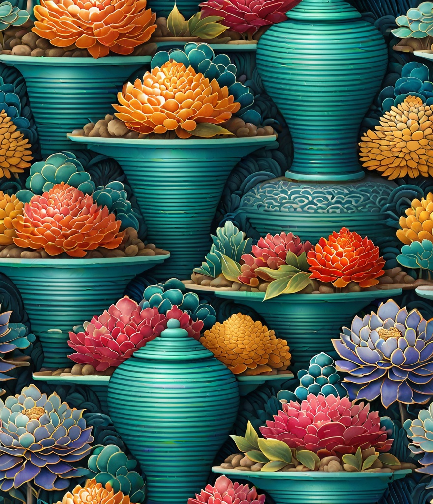 Prompt: bifrost wallpaper for decorating your home, in the style of traditional chinese landscape, whimsical animation, intricate collage, mesmerizing colorscapes, porcelain, precisionist style, high resolution a line of stoneware urns, in the style of hyperrealistic trompe l'oeil, impasto nicki de sant phalle 