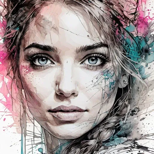 Prompt: A beautiful woman face, closeup, Carne Griffiths, modern european ink painting, intricate line drawings, decoupage, black, pinkand white gradient coloring, a detailed drawing