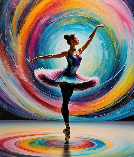 Prompt: A ballet dancer does a pirouette, a heliocentric reality revolving around art science and philosophy where our thoughts drive motion and motion inspires thought in a perpetual world of progress, encaustic painting, decoupage, idealwave dreamcore futurepunk a new world is arising in vibrant bold textures and colors more is less and less is more in an organically balanced world tipping the plane of consiousness, huzzah 