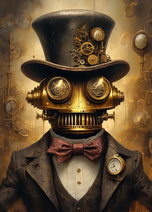 Prompt: Creepy fantasy gothic art, featuring a hulking golden clockwork robot, it wears a tiny bowler hat, steampunk horror, hyper detailed, warm colour palette, precise details, epic, intricate, masterpiece, expressive strokes, rough, blotchy, 8K