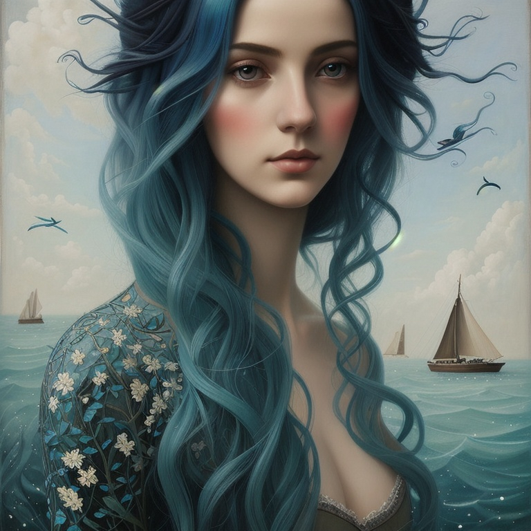 Prompt: In style of christian Schloe and daria Petrilli, a beautiful young lady, profile portrait, her very long and wild  ombre blue hair flows like a sea and there are sailing boats and fishes in it. Double exposure, Naive art, extremely detailed, optical illusion, oil painting 