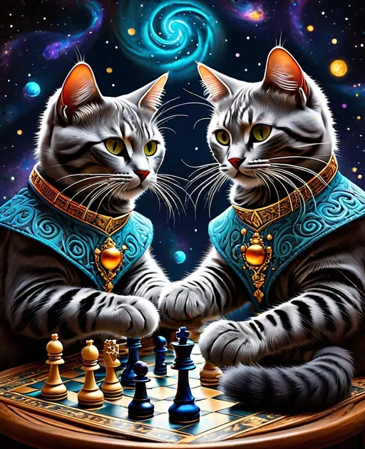 Prompt: surreal abstract, cats playing cosmic chess, galactic chess board , highly detailed hyper realistic exotic elaborate fractal patterns , ornate, dark Matisse palette, dark Rembrandt accents