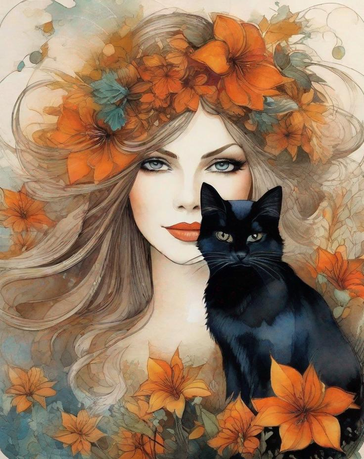 Prompt: A mesmerizing witch with pretty face and beautiful green eyes surrounded by magical flowers and her black cat art by Anna and Elena Balbusso, Marc Allante, Charles Robinson, pol Ledent. inlay, watercolors and ink, beautiful, fantastic view, extremely detailed, intricate, best quality, highest definition, rich colours. intricate beautiful, award winning fantastic view ultra detailed, 3D high definition