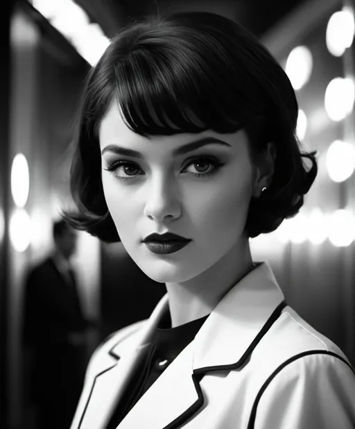 Prompt: Beautiful girl, short hair, retrofuturistic film noir by Quentin Tarantino