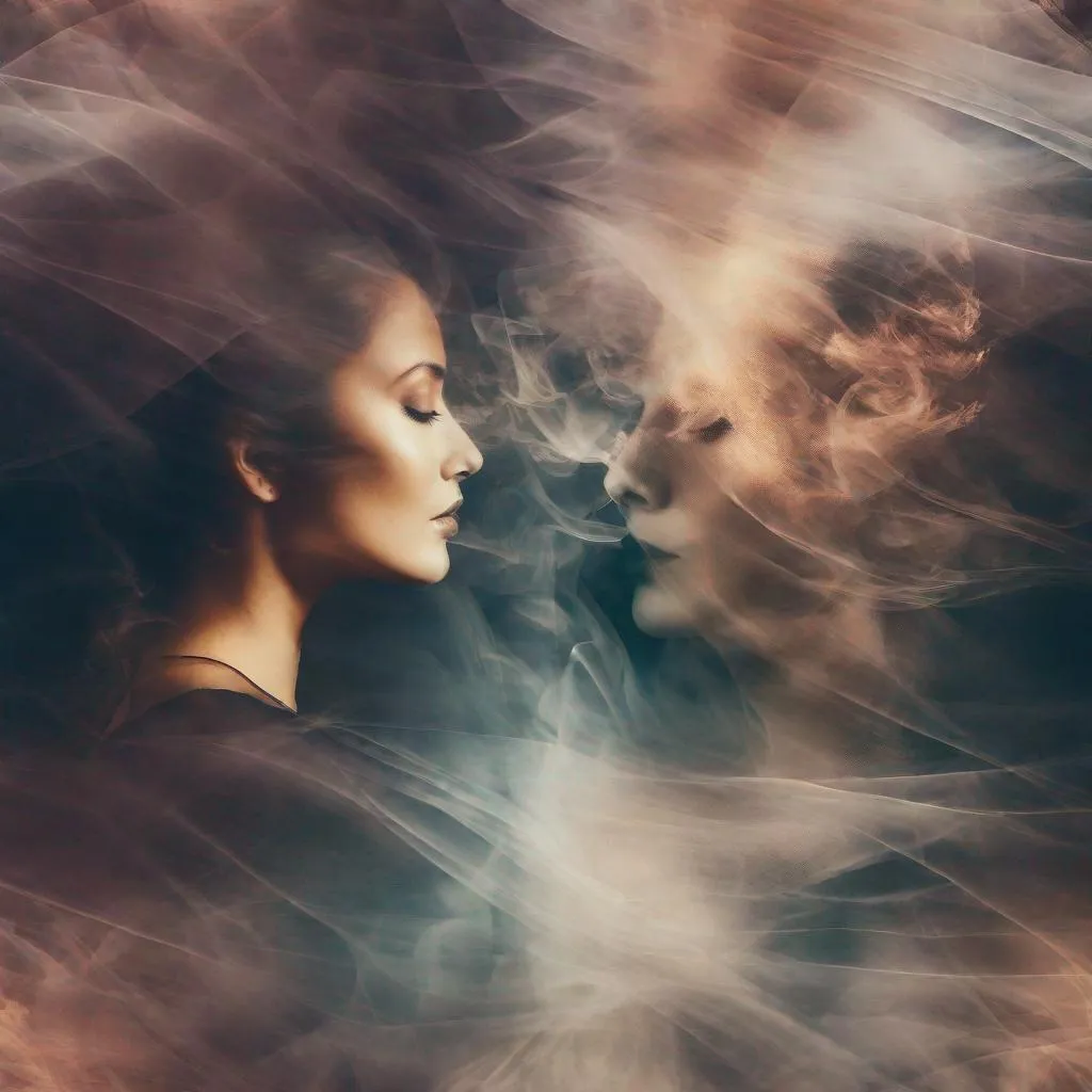 Prompt: double exposure, semitone, backglow, structured smoke and mirrors, dramatic, photography, proffesional composition, Ethereal Moments, Blended Realities, Dual Impressions, Overlay Symphony, Harmonized Perspectives 