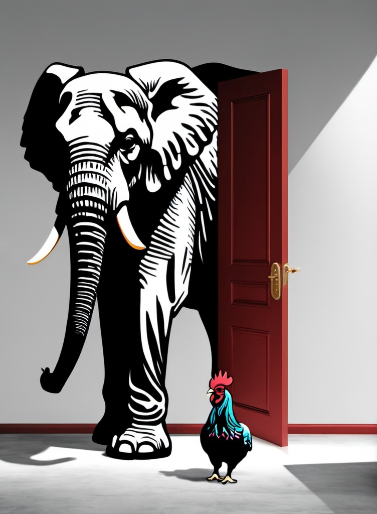 Prompt: the elephant in the room plays metaphorical chicken