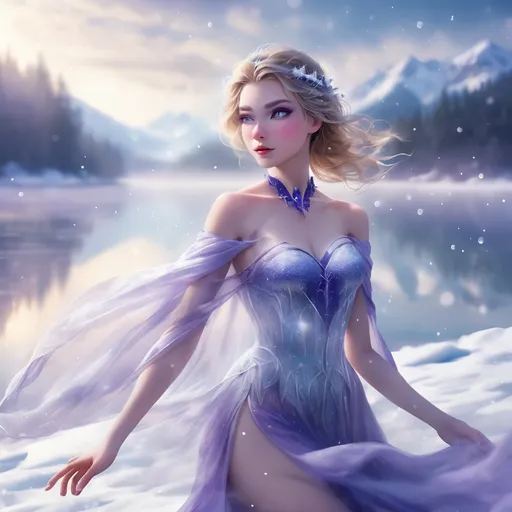 Prompt: She is in snowy daydream at the frozen lake, icedancing goddess shine trough the blurple wafts of fog,dreamlike, lucid aesthetic
