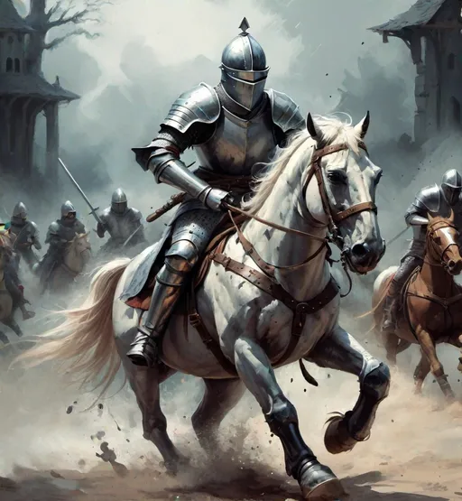 Prompt: A high-speed freeze frame of a medieval grunge knight charging into battle on horseback, art by Rocio Montoya
