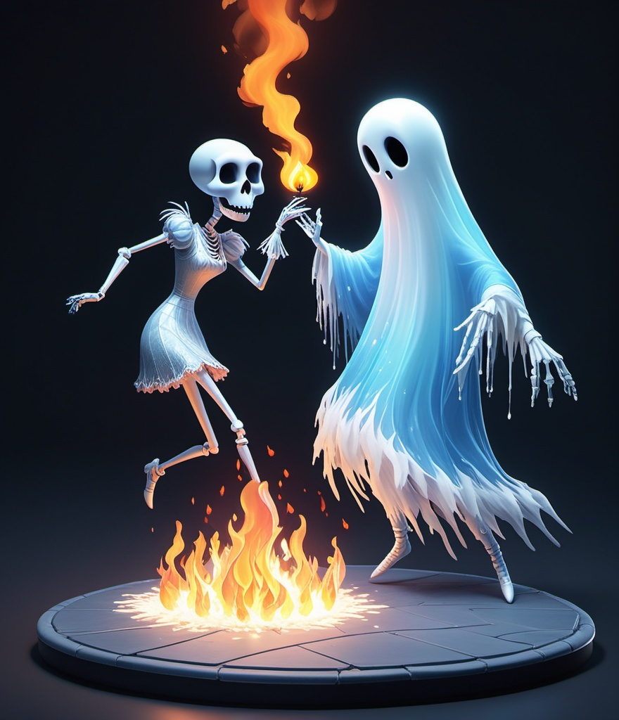 Prompt: a really ice cold isometric ghost dancing with a hot fire mannequin, hot vs cold, tim burton, disney character, pixar, WLOP