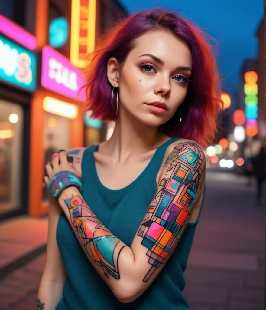 Prompt: Needle felted tattoo on female model, abstract and colorful geometric shapes adorning her arm, bustling city street with neon lights, energetic and lively mood, Illustration, digital art in a pop art style