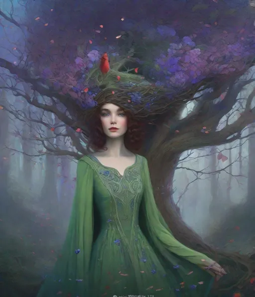 Prompt: anthropomorphic green tree girl, with blue and purple flowers, wild red branches grow from her head like a hair, grey eyes concept art by Ida Rentoul Outhwaite , tom bagshaw, Millie Marotta, Jackie Morris, Javier Mariscal, Jane Newland, whimsical forest background , magical night, surreal dreamlike portrait, fantasy, imaginative, beautiful, colorful, extremely detailed, intricate, lovely, award winning fantastic