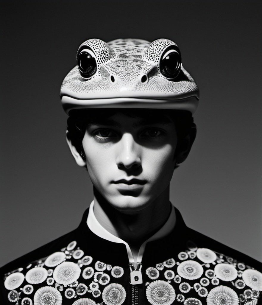 Prompt: sartorialist amphibian boy in laser etched headgear and laser beam hair in fornasetti style, by laurie simmons, minimal male figure, niji style