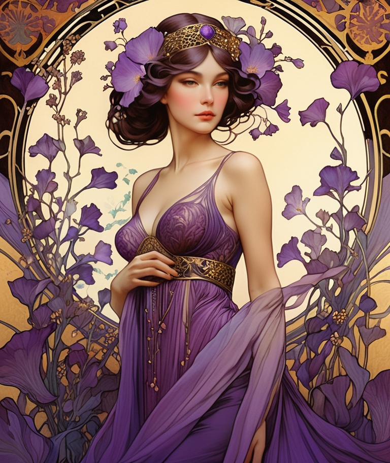 Prompt: **c100 | by mierlu::0 <https://s.mj.run/Xznf814x1Xo> an illustration of purple flowers and a lady in the style of Alphonse Mucha, art nouveau, Oil painting, middeval times, by Bosch by Leonardo DaVinci, style of Yayoi Kusama by Beksinski 