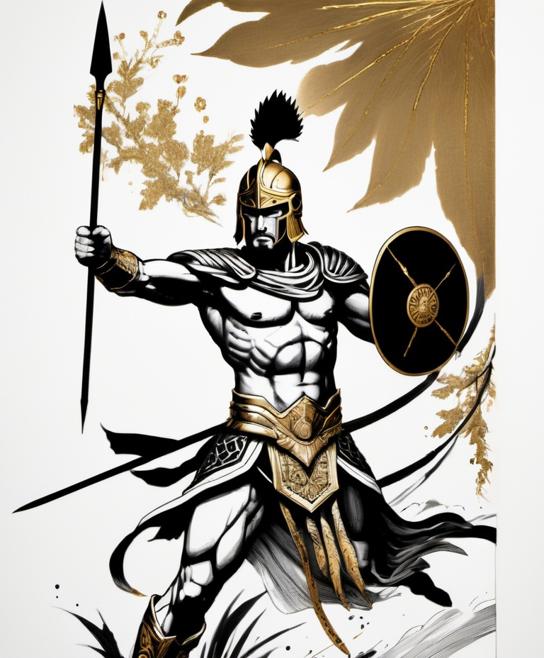 Prompt: a heavily inked black and white manga with gold leave detail panel showing a spartan warrior catching a spear in mid flight, black ink with gold leaf details on white paper