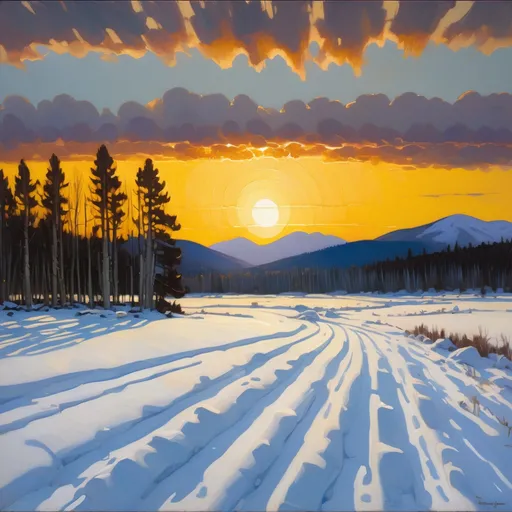 Prompt: a moody late evening landscape, the sun has gone down and the last daylight streaks across the snowy field, pine and aspen trees, a cold sky with a small sliver of warm yellow sunlight on the horizon, Edgar Payne style