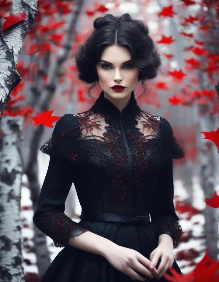 Prompt: A beautiful young lady, beautiful face, wearing black fancying dress in a ghostly forest of white stem trees with red leaves art by  Rebeca Saray, Yves Saint-Laurent, Paolo Roversi, Thomas Edwin Mostyn, Hiro isono, James Wilson Morrice, Axel Scheffler, Gerhard Richter, pol Ledent, Robert Ryman. Guache Impasto and volumetric lighting. Mixed media, elegant, intricate, beautiful, award winning, fantastic view, 4K 3D, high definition, hdr, focused, iridescent watercolor and ink