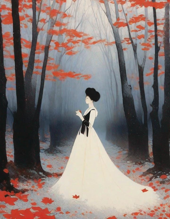 Prompt: A beautiful young lady, beautiful face, wearing black/silver dress in a ghostly forest of white stem trees with red leaves art by  Masaaki Sasamoto, Yves Saint-Laurent, Paolo Roversi, Thomas Edwin Mostyn, Hiro isono, James Wilson Morrice, Axel Scheffler, Gerhard Richter, pol Ledent, Robert Ryman. Guache Impasto and volumetric lighting. Mixed media, elegant, intricate, beautiful, award winning, fantastic view, 4K 3D, high definition, hdr, focused, iridescent watercolor and ink