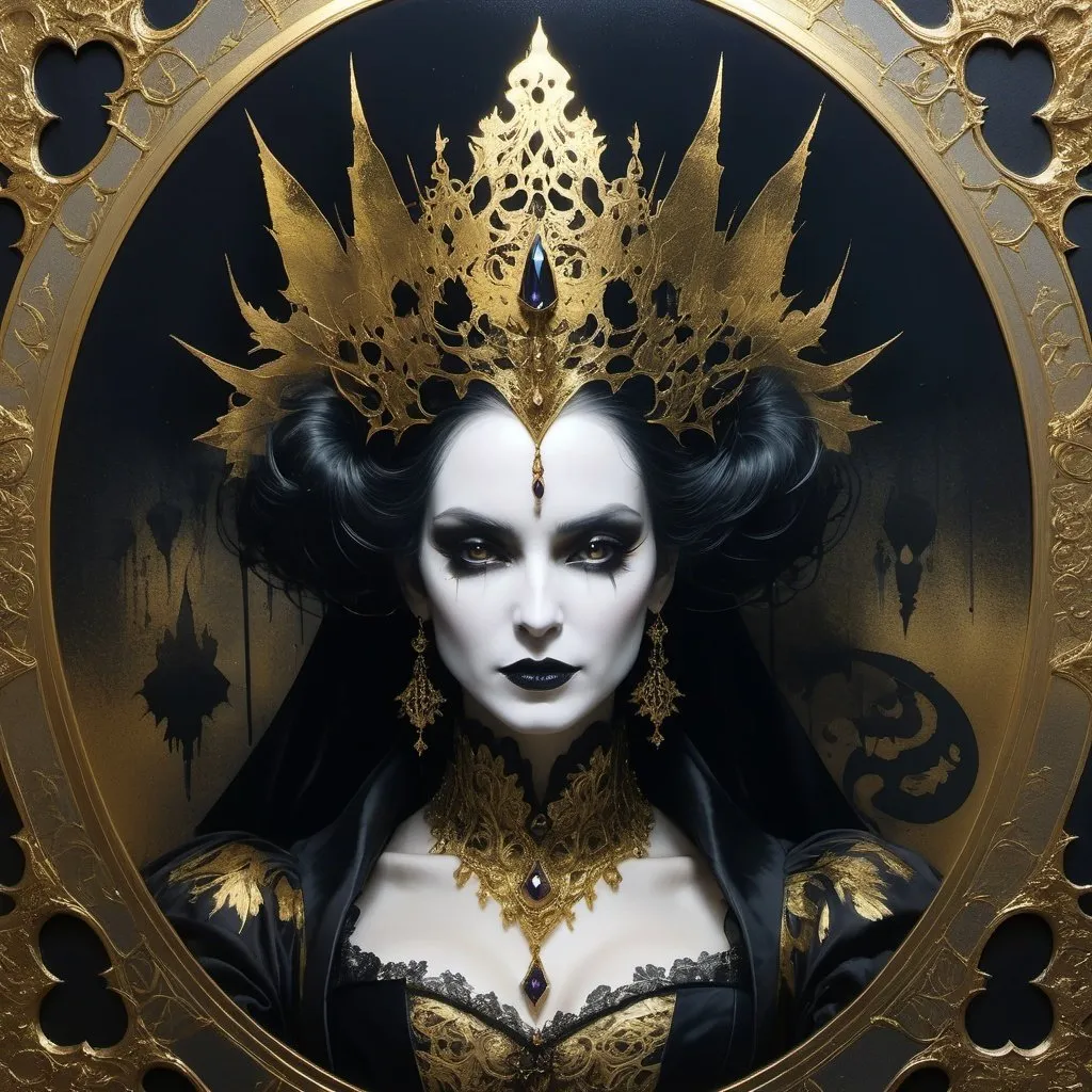 Prompt: laser etched, bifrost, Soft-macabre rococo gothic horror gold leaf gilded nightmare vampire queen, medieval grunge gothcore by Thomas Lawrence, Yoann Lossel, Iren Horrors, Peter Lippmann, Abigail Larson