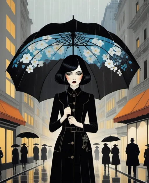 Prompt: illustration of a pretty young lady holding an umbrella, in the style of surrealist-inspired works, gothic neo-pop surrealism, Jordi Bernet, Hayv Kahraman, Troy Brooks, Kevin Wada, Lotta Jansdotter, intricate colorful flowers in a. vienna secession off white and black, raining day, metropolis tall buildings background, intricate flowers, jewelry by painters and sculptors, elegant, emotives faces, goth fashion, subtle playfulness