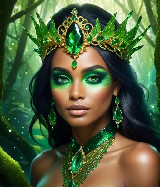 Prompt: amphibian woman with amphibious beauty with amphibious textured skin, bulging green amber eyes, crowned in jewels of emerald in her enchanted forest under the shimmering light.